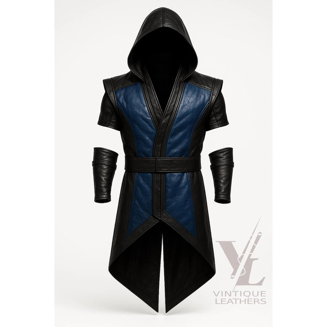 Handmade Sub Zero Mortal Kombat Leather Tailcoat with Hood & Bracers – Ninja Cosplay Costume, Halloween Cosplay Coat with real leather For Men