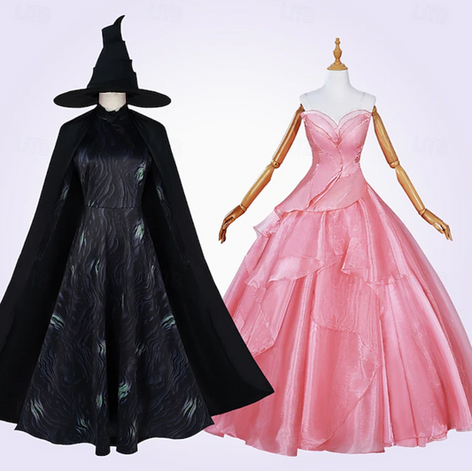 Full Glinda & Elphaba Witch Cosplay Set – Dress, Cloak, Wig & Accessories | Women’s Halloween & Stage Costume