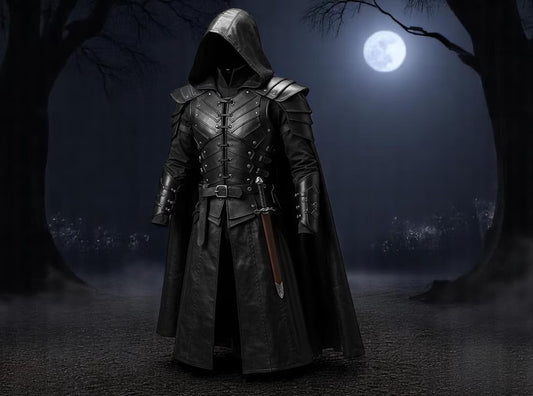 Premium Leather Assassin Cloak Full Set – Hooded Medieval Warrior Armor | Gothic LARP Cosplay Outfit – Halloween Combo Offer