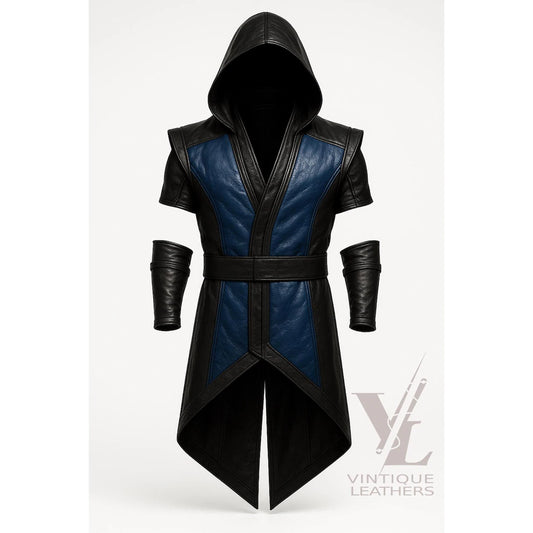 Handmade Sub Zero Mortal Kombat Leather Tailcoat with Hood & Bracers – Ninja Cosplay Costume, Halloween Cosplay Coat with real leather For Men
